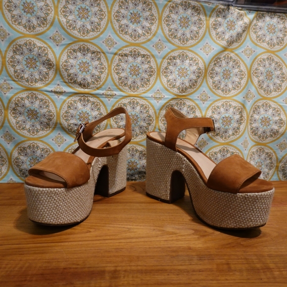 SCHUTZ Cognac Nubuck Platform Sandals with Woven Covered Cut-out Wedge, 6½ - Picture 3 of 7